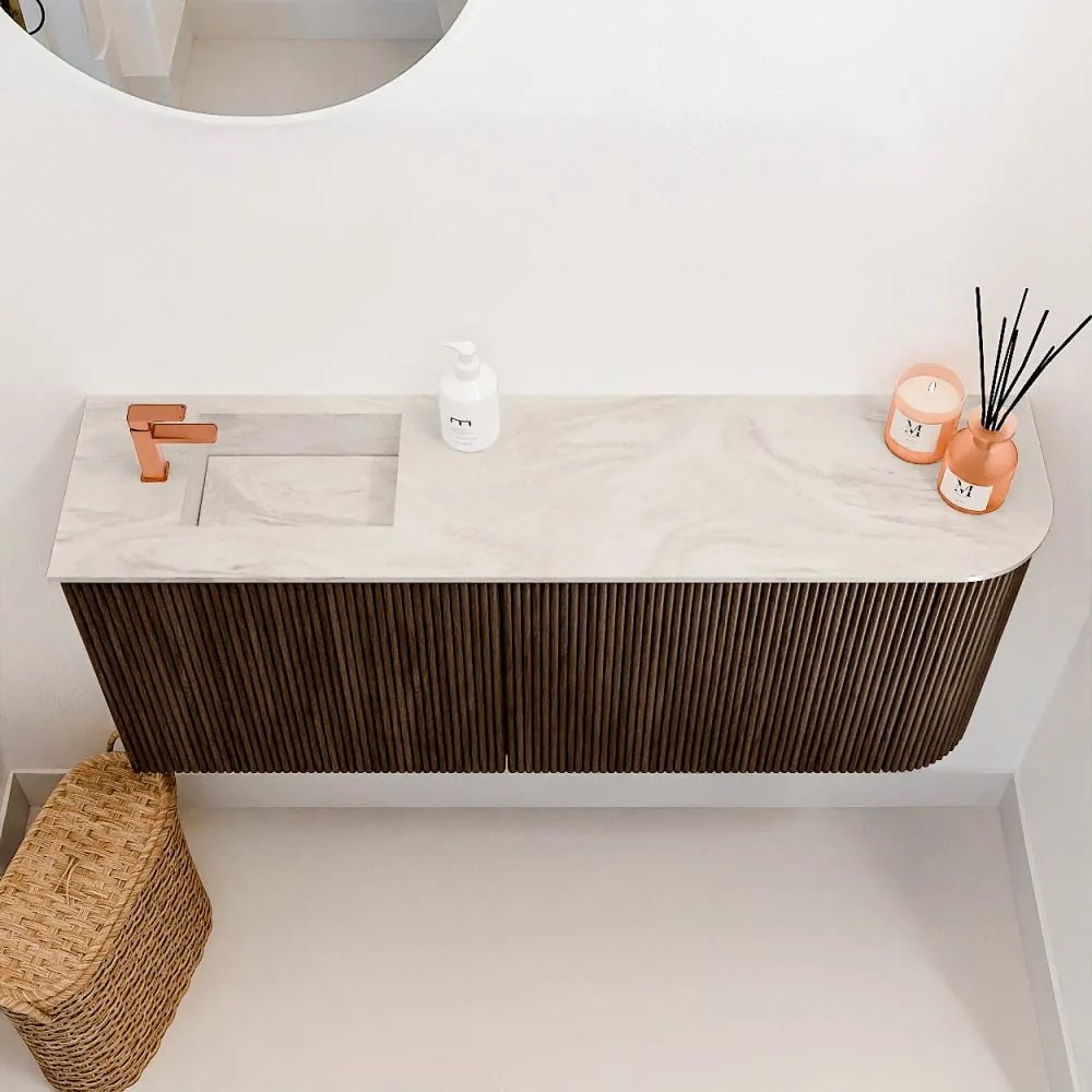 Mondiaz Joya DLux 100cm toiletmeubel ronding rechts walnut met wastafel faye links 1 kraangat ostra