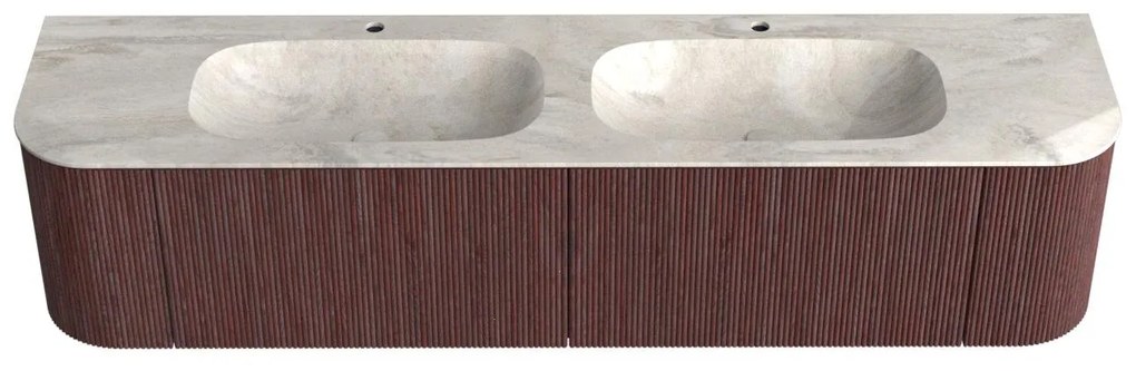 Mondiaz Kurve-dlux 190cm badmeubel ronding links/rechts ruby met 2 lades en deuren en wastafel stor small dubbel 2 kraangaten ostra