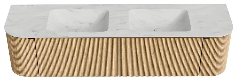 Mondiaz Kurve-dlux 180cm badmeubel ronding links/rechts oak met 2 lades en deuren en wastafel leaf dubbel 2 kraangaten opalo