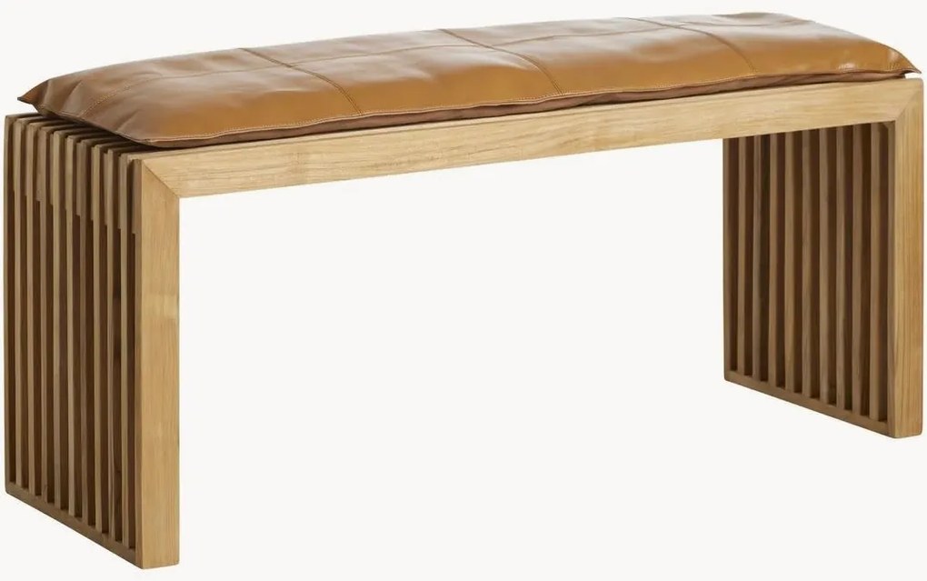 Rib bank van teakhout met leren zitkussen