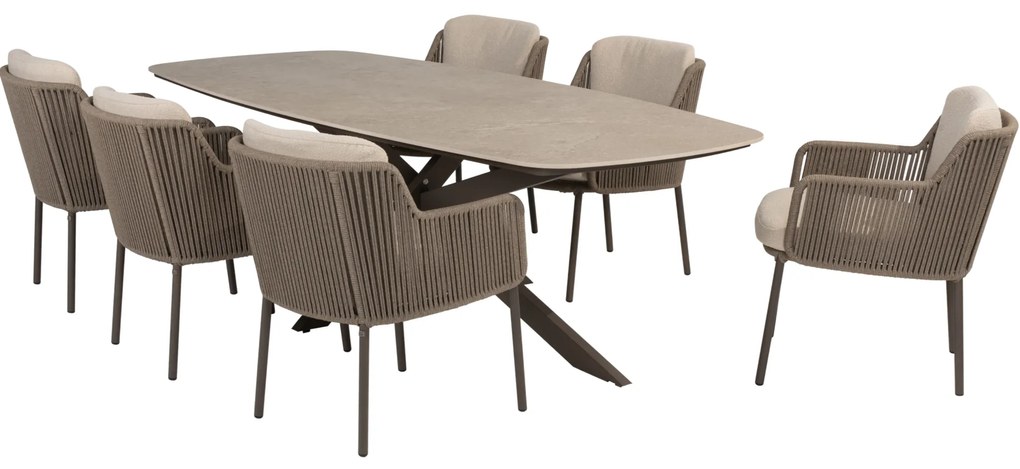 Prado Bernini dining tuinset 240x105xH75 cm 7 delig keramiek barrel terre 4 Seasons Outdoor