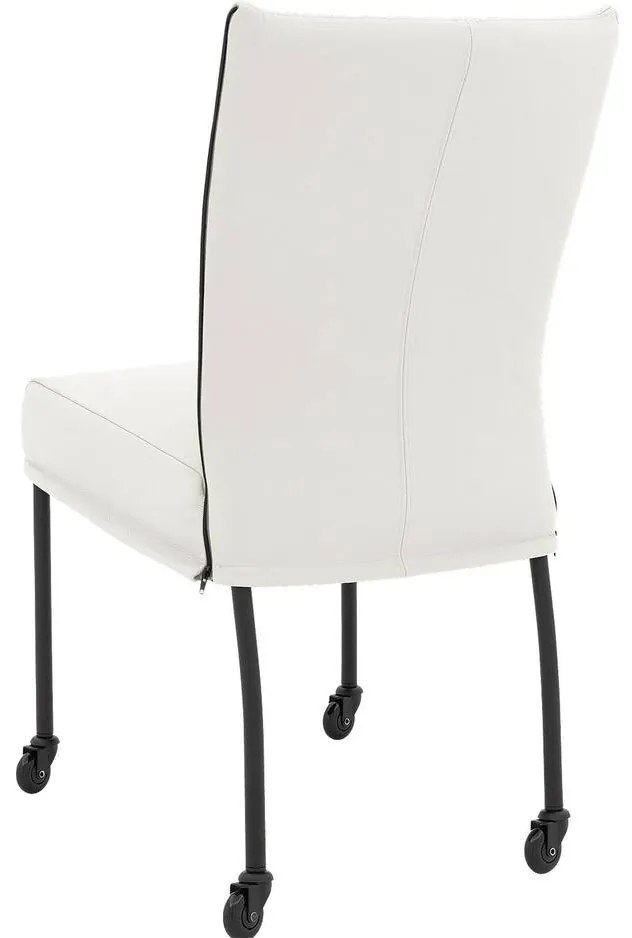 Goossens Eetkamerstoel Funk Zwarte Poten wit leer leuning en Zwart skater wiel met zwarte kapmet wielen, modern design