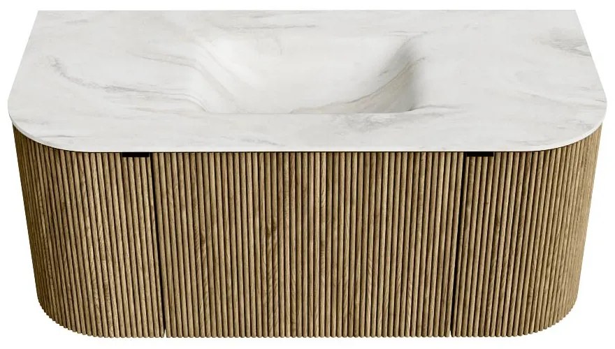 Mondiaz Kurve-dlux 100cm badmeubel ronding links/rechts dusk met 1 lade en 2 deuren en wastafel grunne midden 1 kraangat ostra