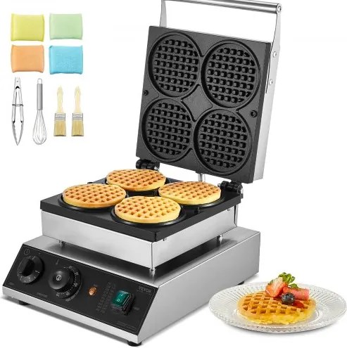 VEVOR Commerciële Wafelijzer Wafelmachine 1750W Antiaanbak RVS Belgisch Wafelijzer met Temperatuur- en Tijdsregeling, voor Restaurant Bakkerij Snackbar 4 Ronde Wafels