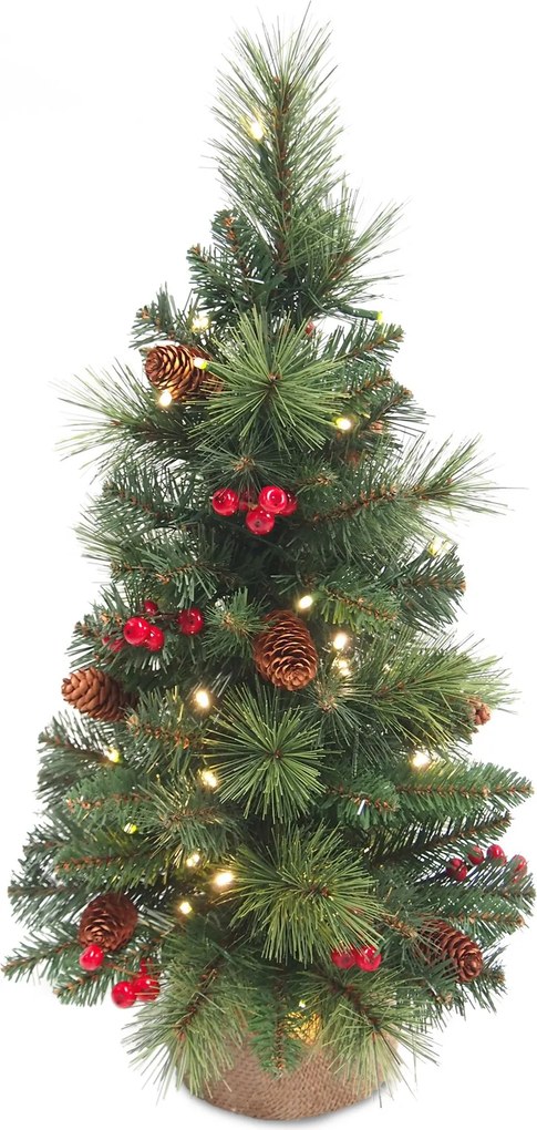 Everyday Miniature Pine cone &amp; Berry tree verlichte tafelkerstboom - 46 cm - Groen - Diameter 25 cm - 73 tips - 15 ledlampjes (warm wit) - Gedecoreerd - Jute zak
