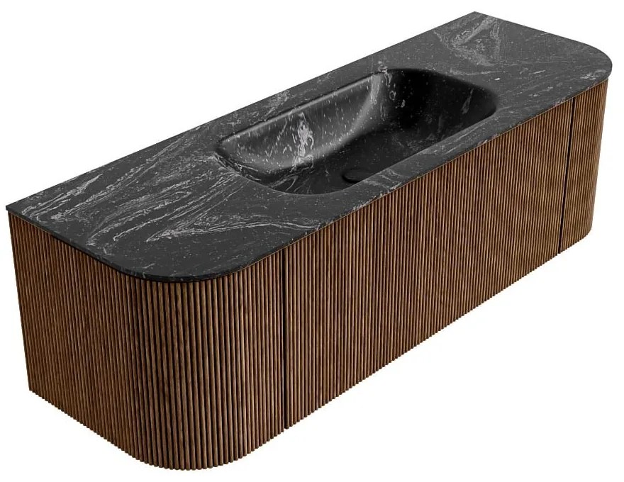Mondiaz Kurve-dlux 140cm badmeubel ronding links/rechts walnut met 1 lade en 2 deuren en wastafel big small midden zonder kraangat lava