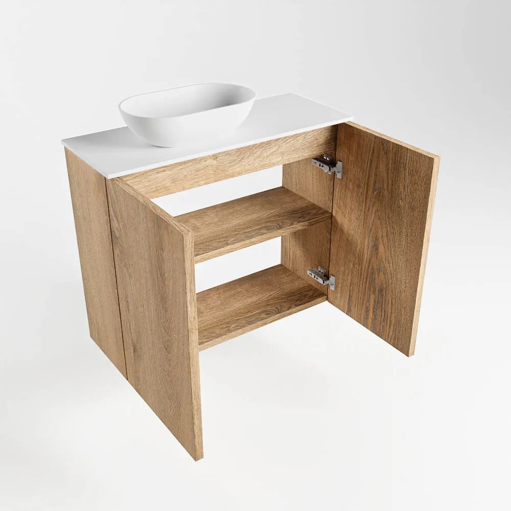 Mondiaz Fowy toiletmeubel 60cm washed oak met witte waskom links en kraangat