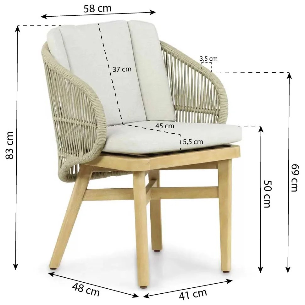 Tuinset Ronde Tuintafel 120 cm Teakhout/rope Naturel teak 4 personen Coco Almeria/Vienna