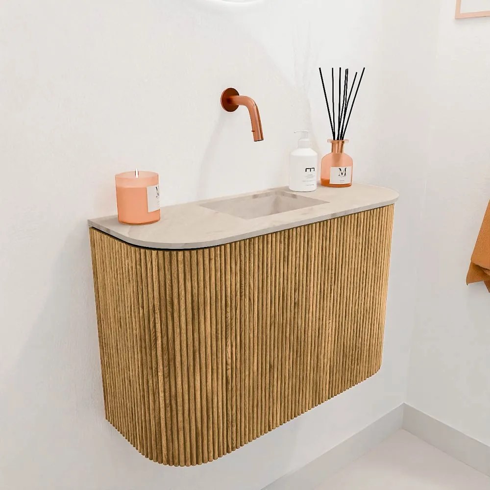 Mondiaz Joya DLux 65cm toiletmeubel ronding links/rechts oak met wastafel faye midden zonder kraangat frappe