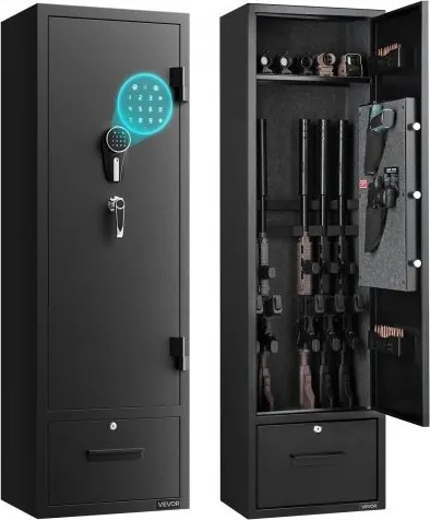 VEVOR Geweerkast, Lange Wapenkast voor Geweren en Pistolen, Wapenkluis met 2 Munitiecompartimenten en 2 Verstelbare Planken, Grote Wapenkast met Sleutel- en Combinatieslot