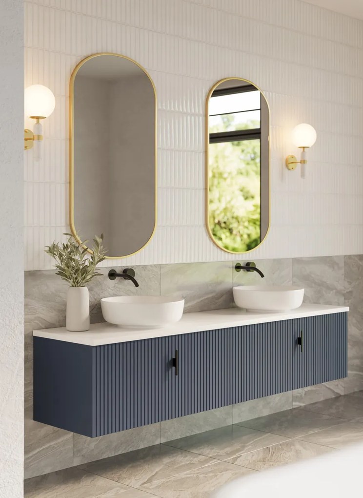 Muebles Ezra badmeubel ribbelfront 200cm marine blauw met wit toppaneel en waskom