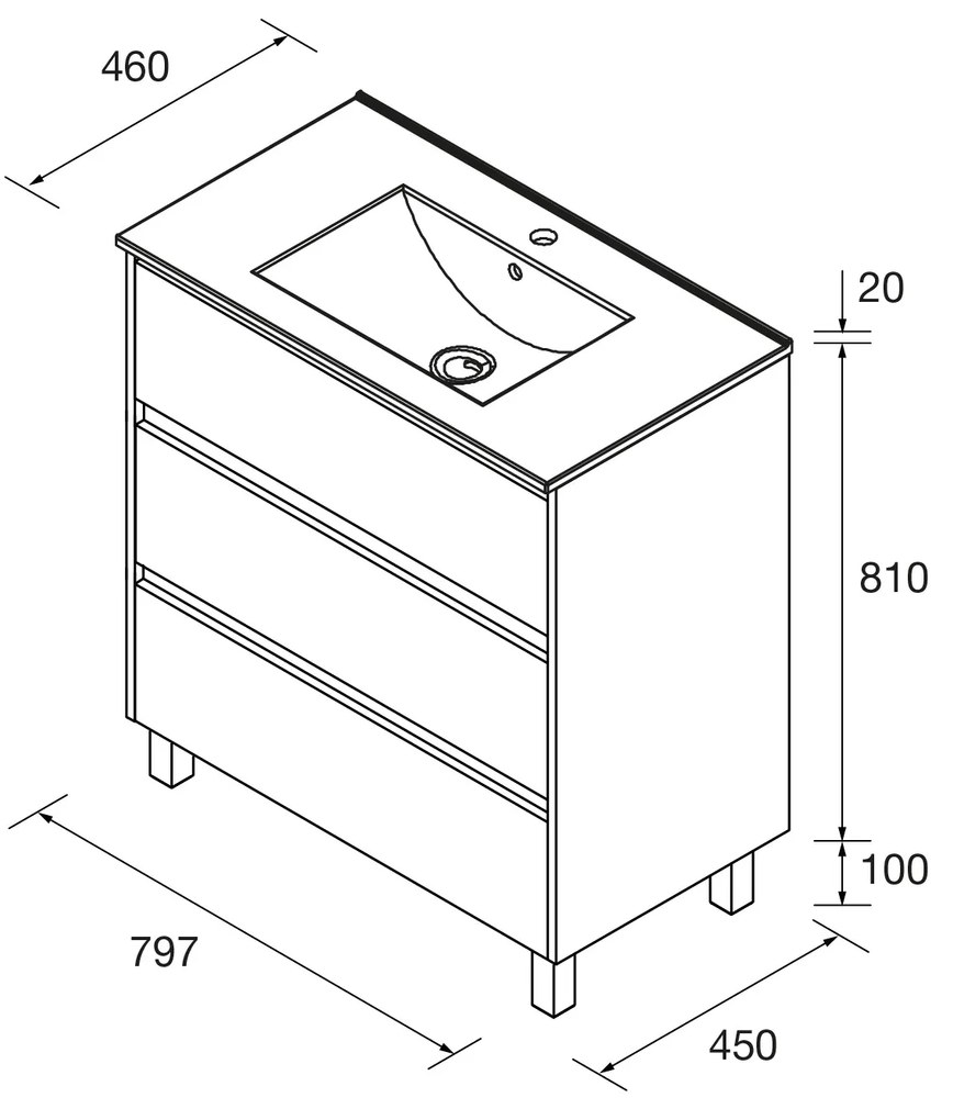 Muebles Project badmeubel 80cm met 3 lades en wastafel zwart mat