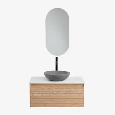 Tedrik Zwevend Badkamermeubelset Van Essenhout Ash Brown & Rond Grijs Cement Ø40 Cm Tarsis & Ovaal Met Opbergruimte 45x90 Cm Abner & Mat - Sklum