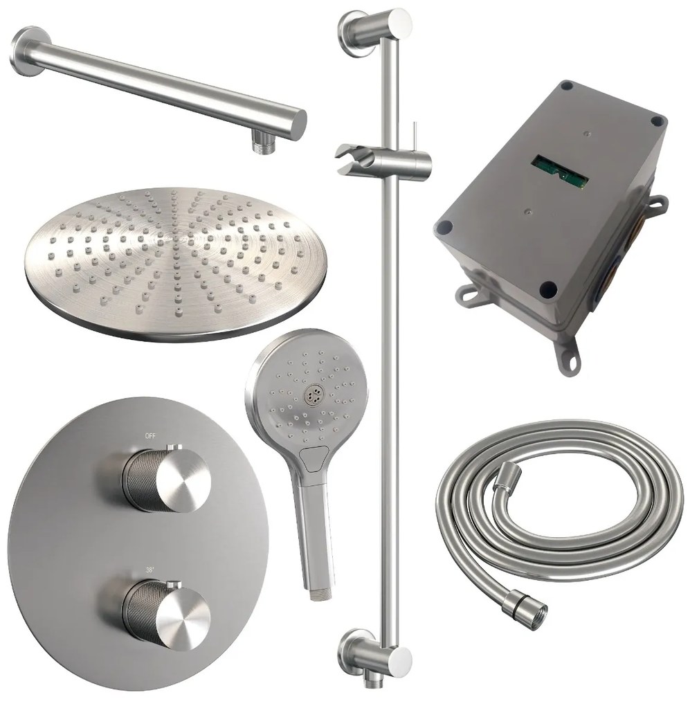 Brauer Brushed Carving thermostatische inbouw regendouche met 3 standen handdouche, rechte muurarm, glijstang en hoofddouche 30cm set 92 RVS geborsteld PVD