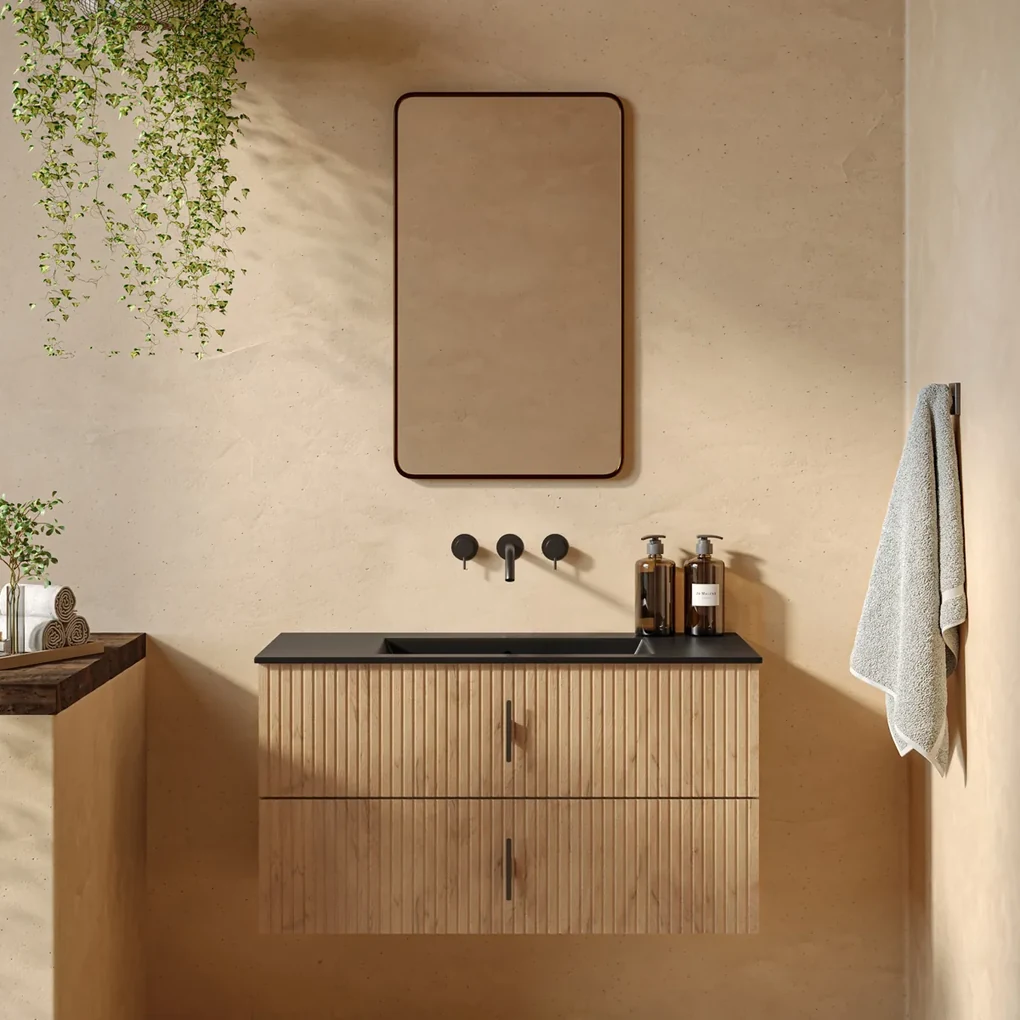 Muebles Marbella badmeubel ribbelfront 100cm warm eiken met zwarte wastafel zonder kraangat