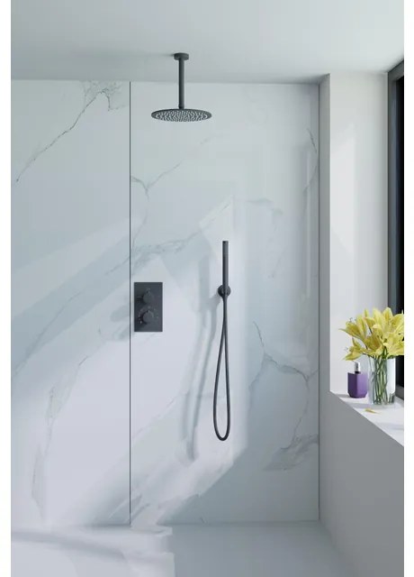 Fortifura Calvi Inbouw Regendoucheset - thermostatisch - plafondarm - 25cm hoofddouche - staaf handdouche - metalen doucheslang - geborsteld Gunmetal PVD SW720556/SW720558/SW706207/SW721170/SW766536/SW766