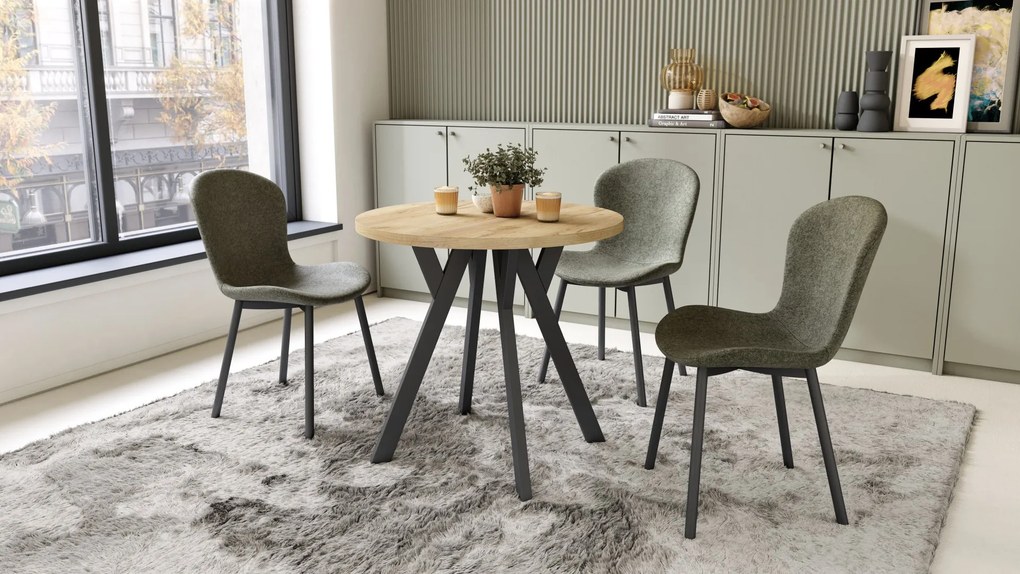 ALMO 80 Eiken Craft Goud / zwarte poten – ronde tafel met Y-poten, loft/industrieel voor keuken, woonkamer en eetkamer