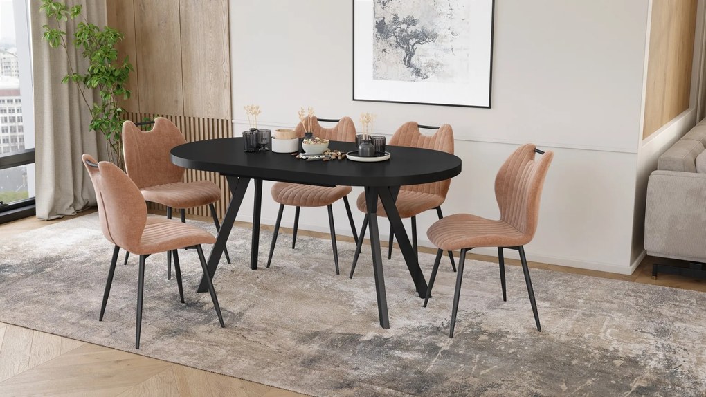 Mazzoni EXPANSO Zwart mat / zwarte poten - OVALE UITSCHUIFTAFEL 160-360 cm VOOR 16-18 PERSONEN