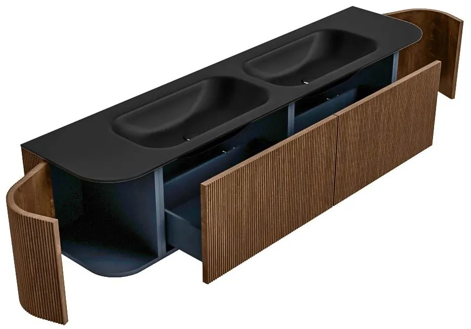 Mondiaz Kurve 190cm badmeubel ronding links/rechts walnut met 2 lades en deuren en wastafel big small dubbel 2 kraangaten urban