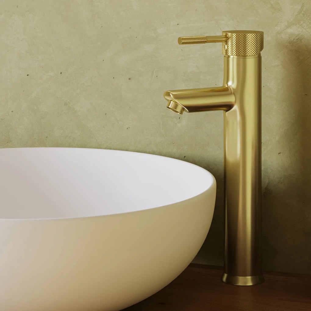 Saniclear Brass Curved verhoogde wastafelkraan geborsteld messing - mat goud