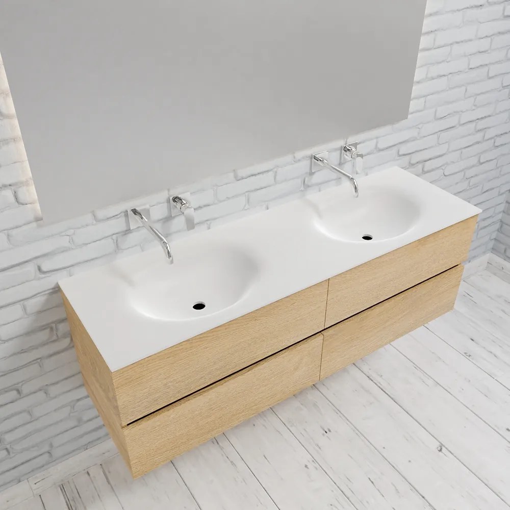 Zaro Sevilla Solid Surface badmeubel 150cm licht eiken zonder kraangat dubbele spoelbak met 4 lades