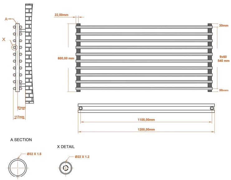 Eastbrook Murano radiator 120x60cm 1348W antraciet