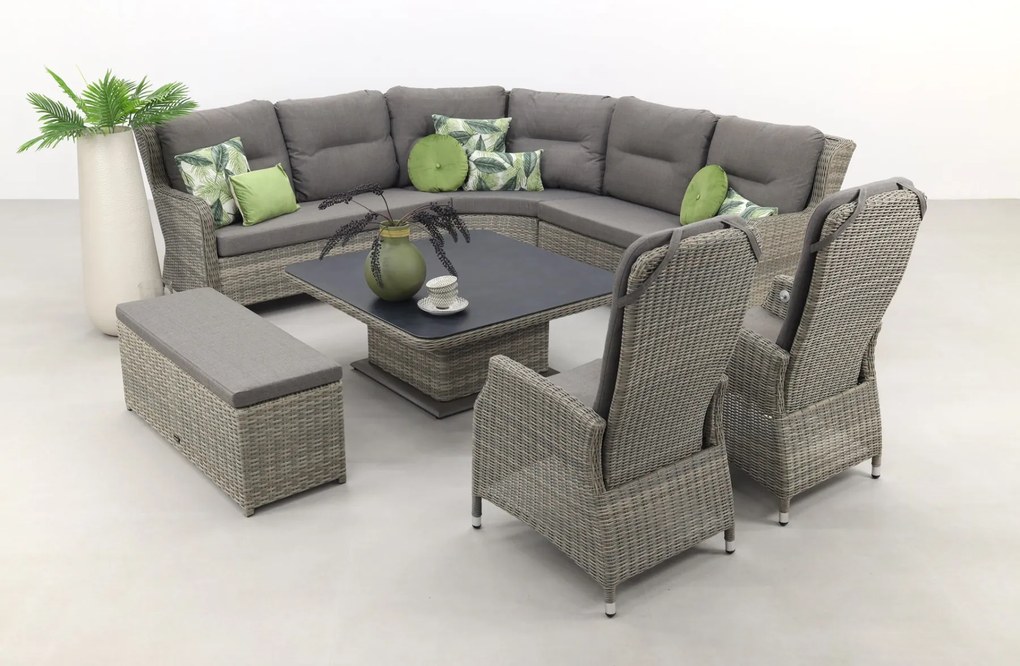 Sandigo lounge dining set met bijzetbank + 2x verstelbare tuinstoel