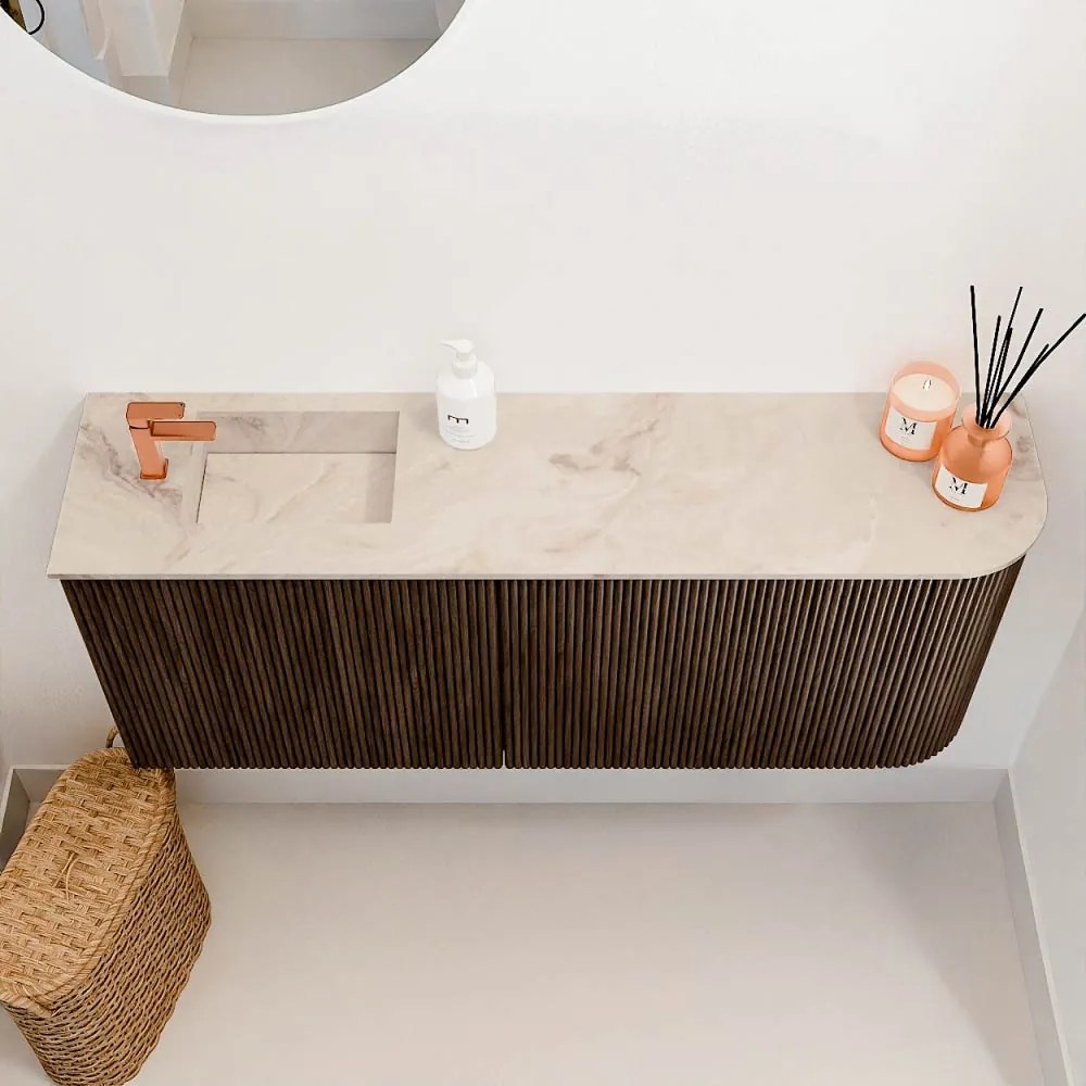 Mondiaz Joya DLux 100cm toiletmeubel ronding rechts walnut met wastafel faye links 1 kraangat frappe