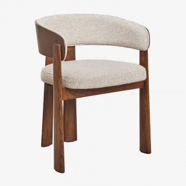 Set Van 4 Eetkamerstoelen Met Armleuningen, Bekleed En Van Eikenhout Olea Donker Eiken Bruin & Bouclé Crèmebeige - Sklum