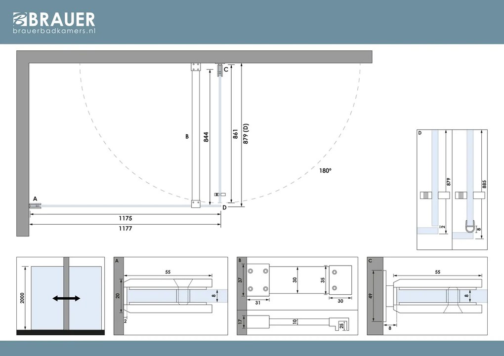 Brauer Void profielloze douchecabine 90x120cm RVS geborsteld PVD