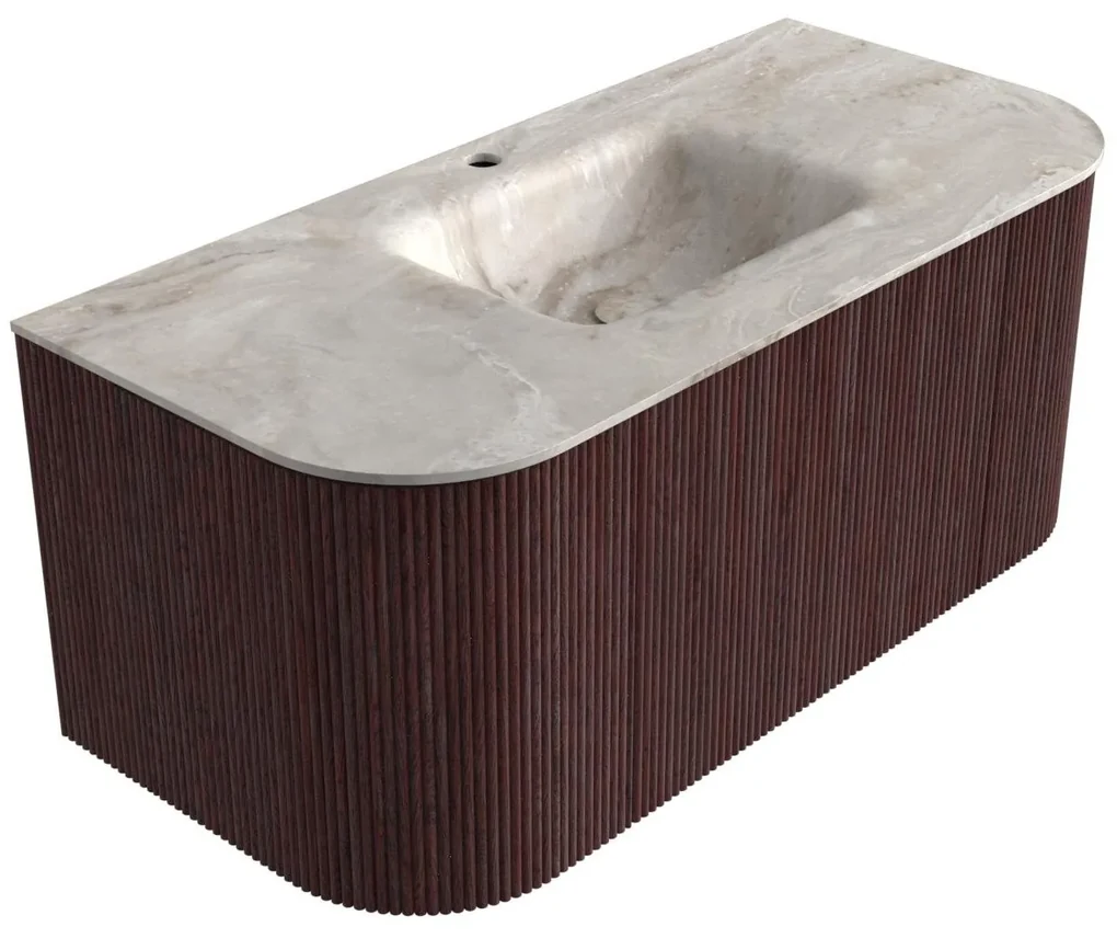 Mondiaz Kurve-dlux 100cm badmeubel ronding links/rechts ruby met 1 lade en 2 deuren en wastafel grunne midden 1 kraangat frappe