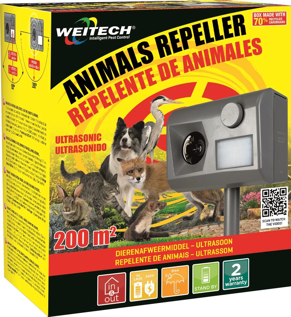 Weitech Ultrasone Dierenverjager 200 m² - Infraroodsensor - Werkt op batterijen of stroom - Garden protector 3 -  WK0055