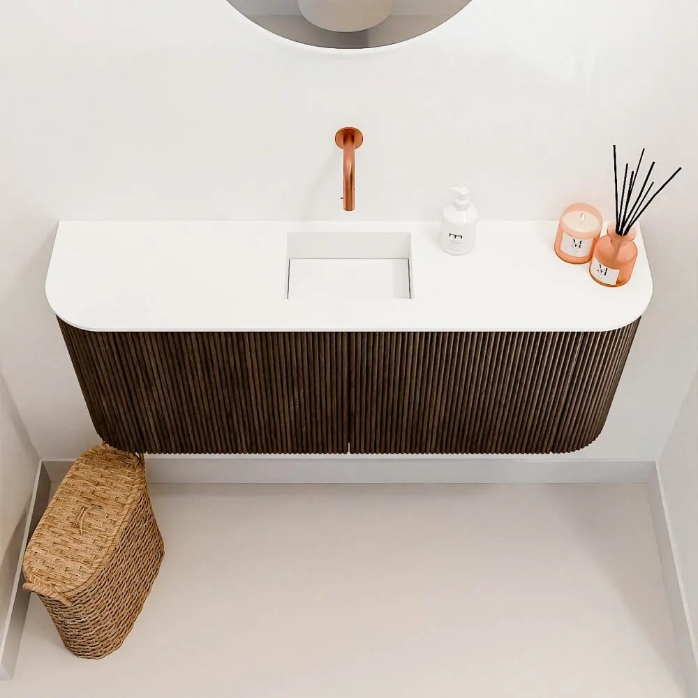 Mondiaz Joya 105cm toiletmeubel ronding links/rechts walnut met wastafel faye midden zonder kraangat talc
