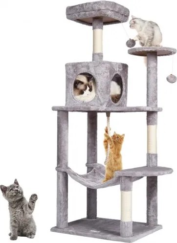 VEVOR Kattenboom voor Binnenkatten, 142 cm Kattentoren met Kattenhuis, Sisal Krabpaal, Hangmat, Bovenzitstok, Springplatforms, Groot Kattenhuis met Hangbal, Kattenmeubel Activiteitencentrum, Lichtgrijs