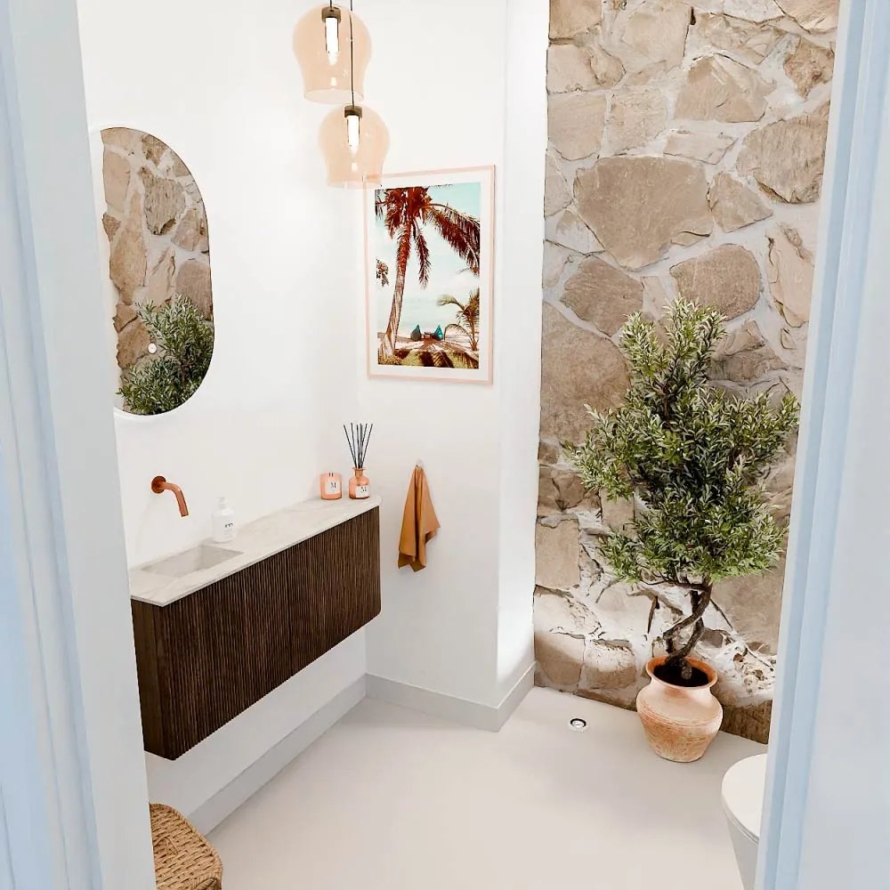 Mondiaz Joya DLux 100cm toiletmeubel ronding rechts walnut met wastafel faye links zonder kraangat ostra