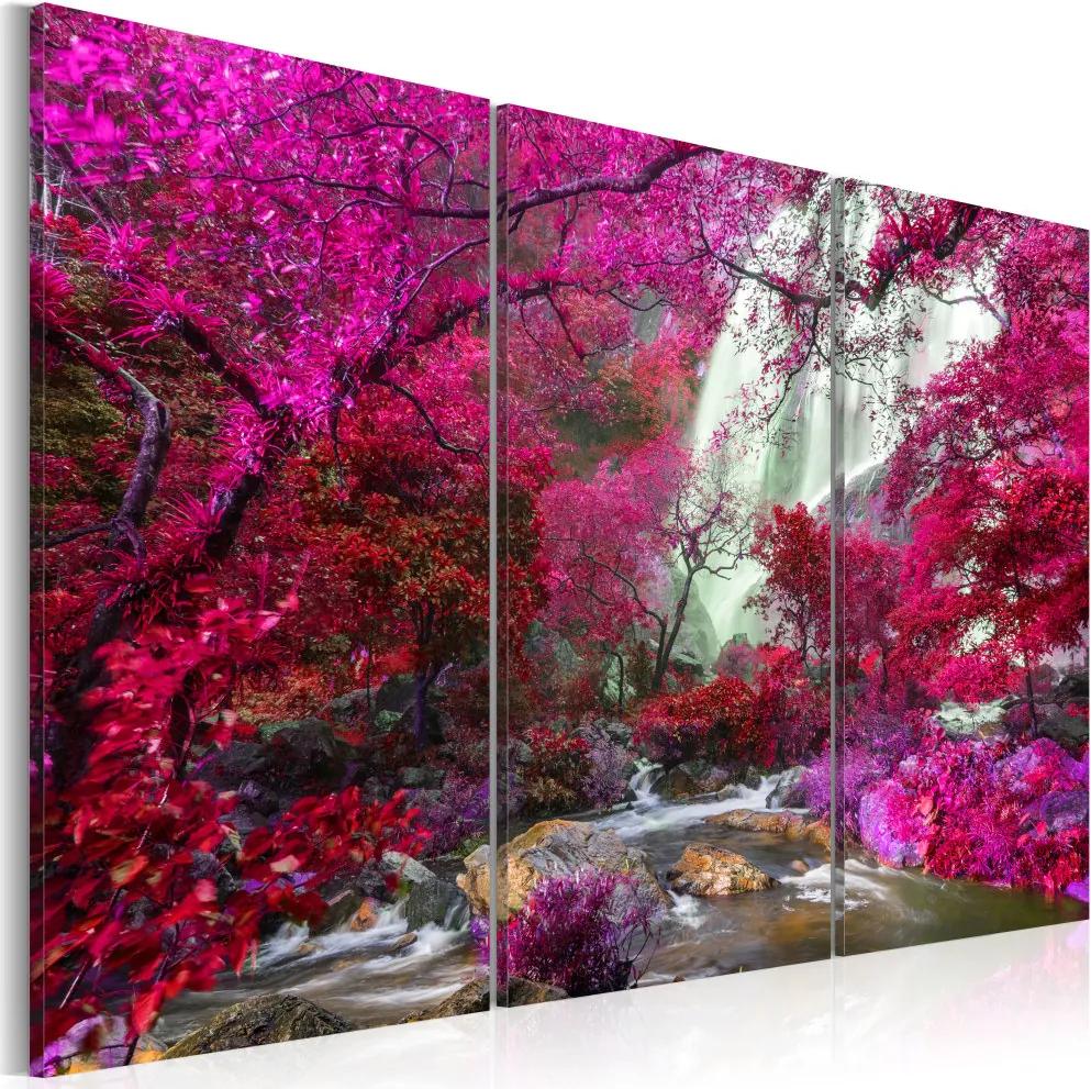 Schilderij - Prachtige Waterval in Roze Bos, 3luik