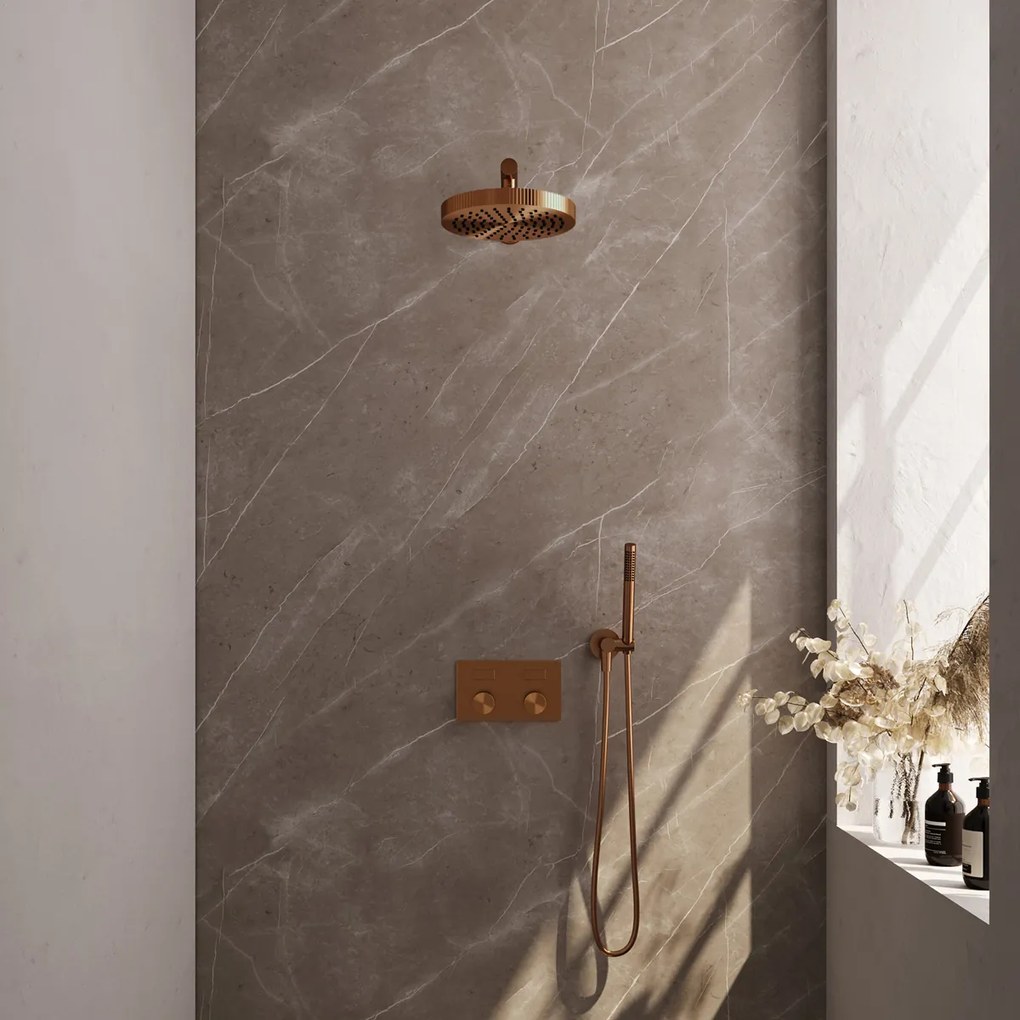 Brauer Stripe inbouw regendouche met 25cm hoofddouche, rechte muurarm en staafhanddouche set 25 koper geborsteld PVD