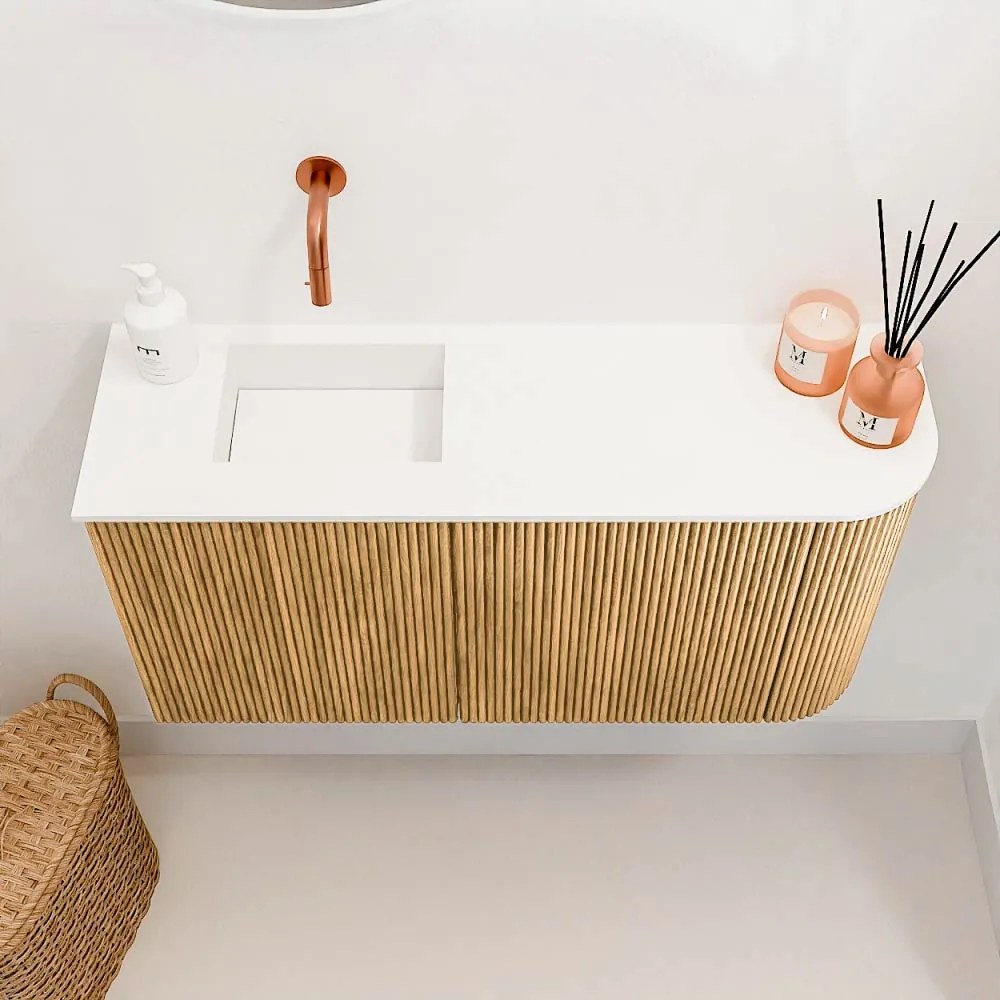 Mondiaz Joya 80cm toiletmeubel ronding rechts oak met wastafel faye links zonder kraangat talc