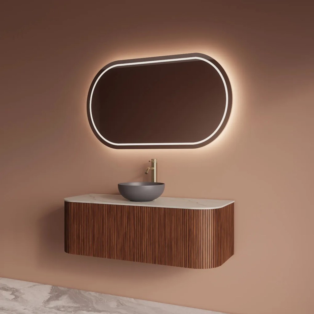 Gliss Design Alluro badmeubel ribbelfront met ronding links/rechts 120cm walnut en wit marmer toppaneel