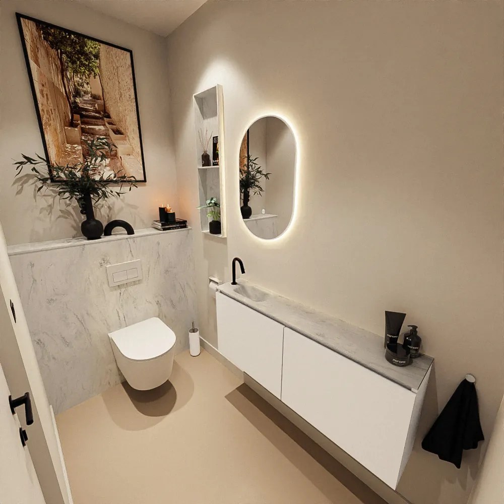 Mondiaz Ture DLux toiletmeubel 120cm talc met wastafel opalo links met kraangat