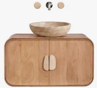 Hangend Badkamermeubelset 95x45 Cm Van Mangohout En Natuurlijke Kivalina-steen Travertijn - Mangohout & Ronde Travertijn Ø40 Cm Eskel & Spiegelloze -