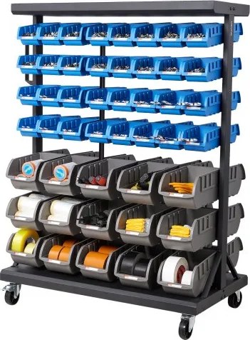 VEVOR Mobiel Opbergrek met Stapelbare Opbergdozen, Mobiele Gereedschapsorganizer met 7 Niveaus en 94 Opbergdozen voor Kleine Onderdelen in Twee Maten, 900x500x1245mm, Dubbelzijdig, voor Werkplaats, Garage, Magazijn en Kantoor