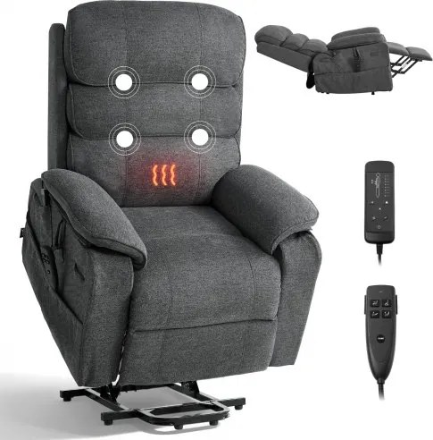 VEVOR elektrische tv-relaxfauteuil, relaxfauteuil met liftfunctie, verwarming en massagefunctie, traploos verstelbare stoel voor senioren, massagestoel met chenille bekleding en afstandsbediening, donkergrijs