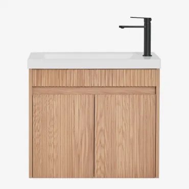 Narek Zwevend Houten Badkamermeubelset Met Geïntegreerde Wastafel Ash Brown & Spiegelloze & Mat Zwart ↑20 Cm Met Aftapkraan Zonder - Sklum