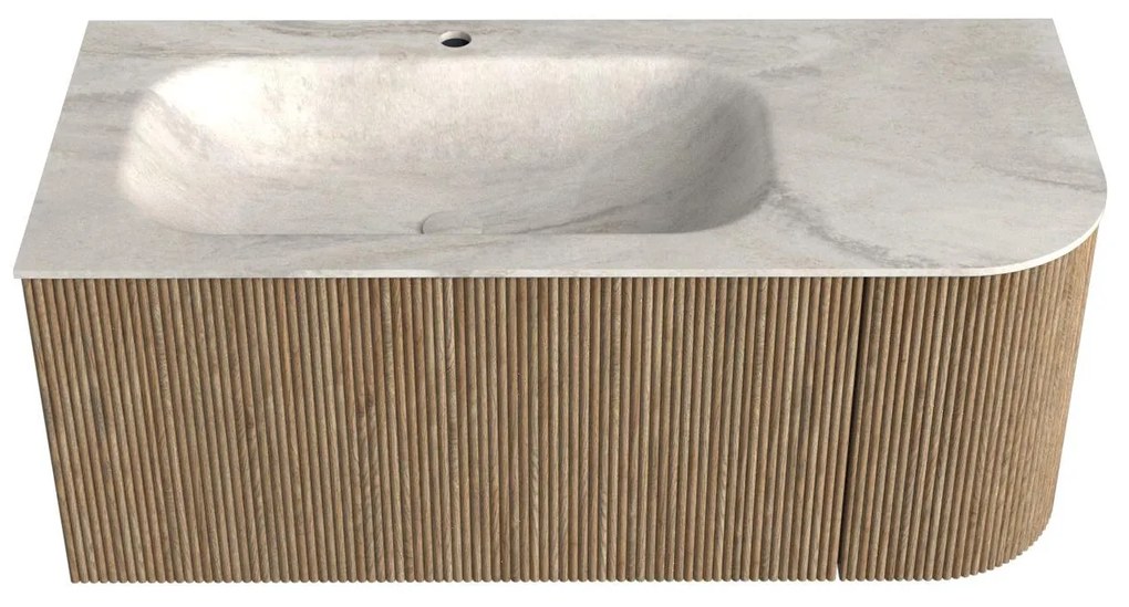Mondiaz Kurve-dlux 105cm badmeubel ronding rechts dusk met 1 lade en deur en wastafel big small kraangat links ostra