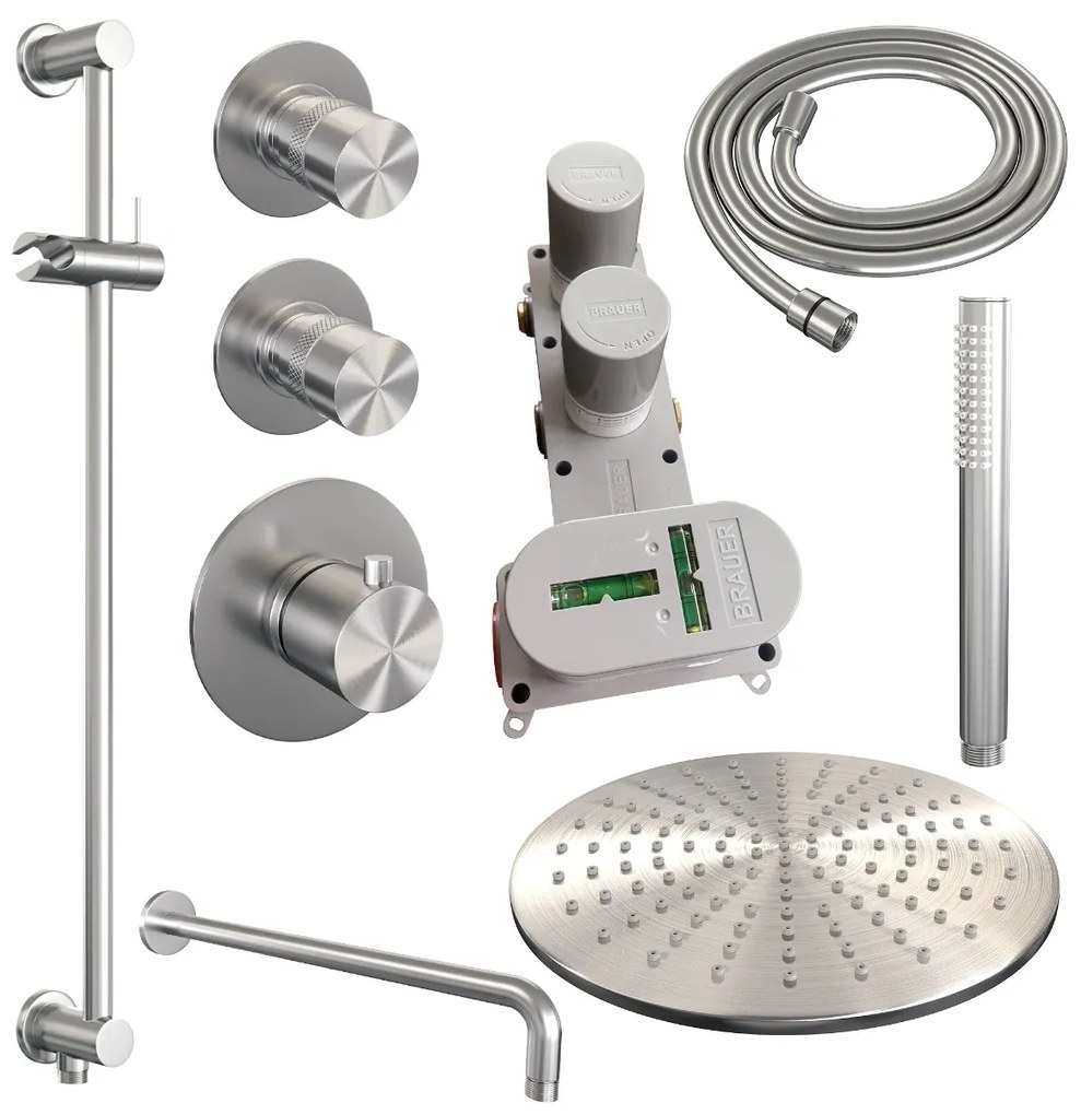 Brauer Brushed Edition complete inbouw regendouche met staafhanddouche, gebogen wandarm, glijstang en hoofddouche 30cm set 16 RVS geborsteld PVD