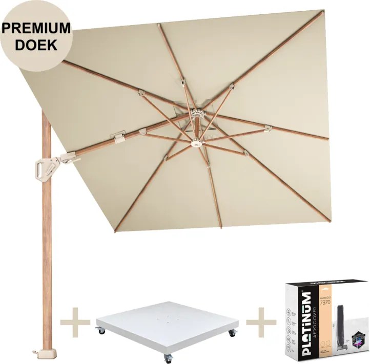 Challenger T2 premium parasol 350x260 cm teak champagne met zandkleur 90kg voet en hoes