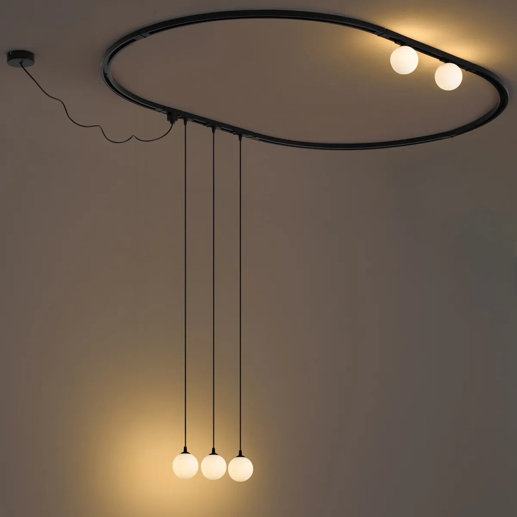 Modern ovaal railsysteem zwart met 3 hanglampen en 2 plafondlampen wit 1-fase - Iconic Perle