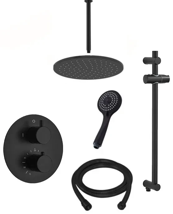 Saniclear Nero inbouwregendouche 30cm rond met plafondarm, 3 standen handdouche en glijstang zwart mat