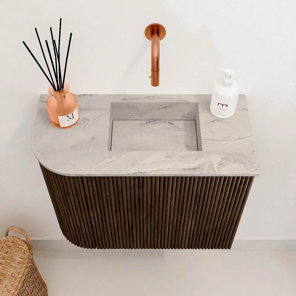 Mondiaz Joya DLux 50cm toiletmeubel ronding links walnut met wastafel faye rechts zonder kraangat glace